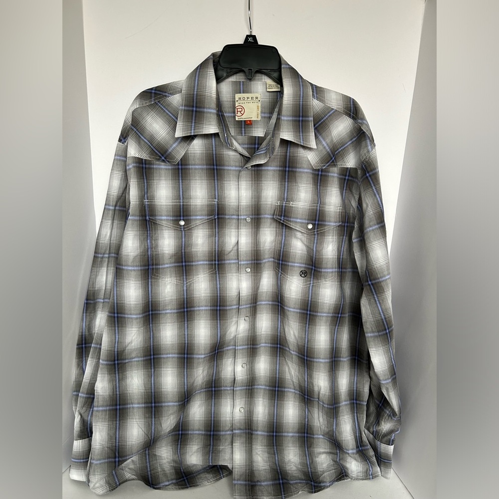 Roper Shirt Mens Large Gray Blue Plaid Pearl Snap Button‎ Down Western Wear